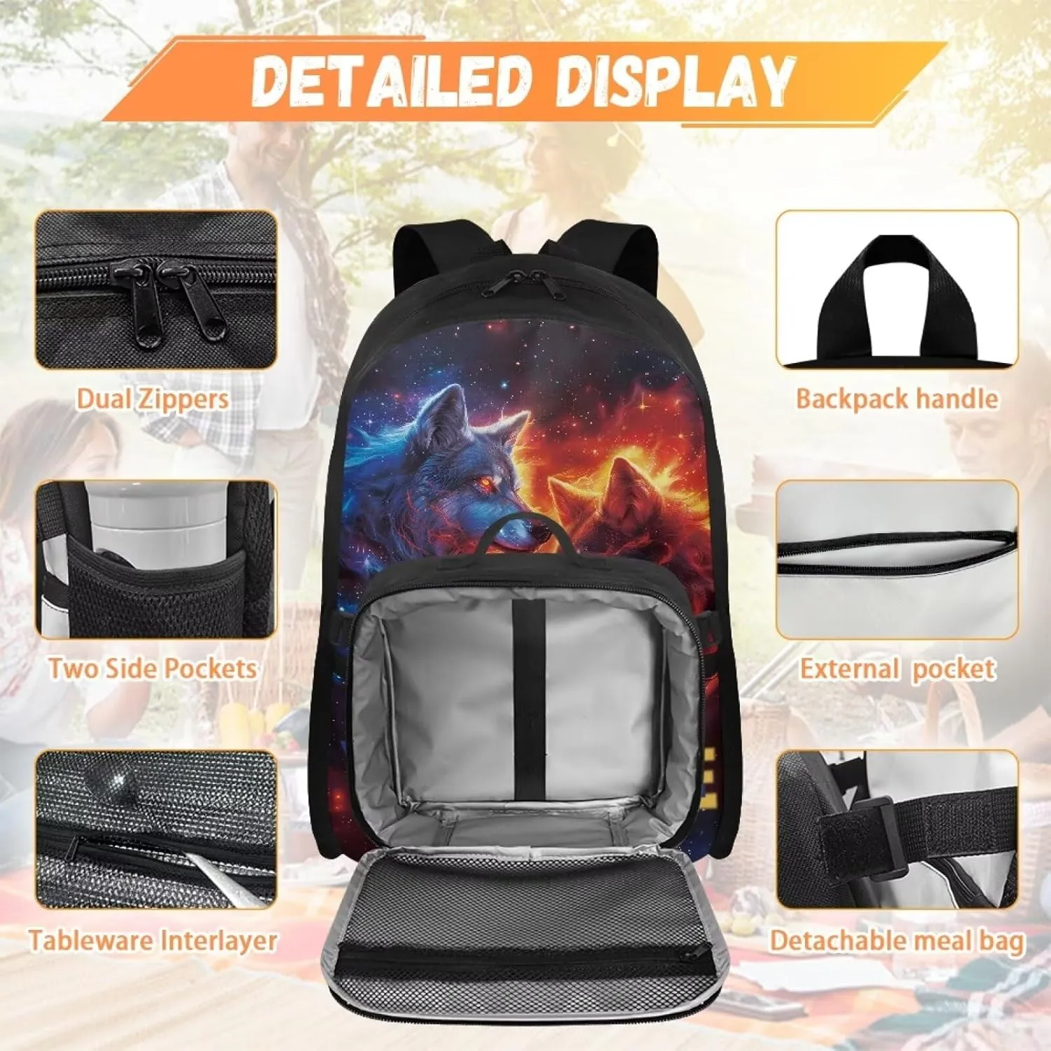 ZOUTAIRONG Kids Backpacks for Boys Personalized Backpack Flaming Wolf Print Book Bags and Removable Lunch Bag for Age 7-10/10-12/12-16