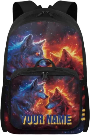 ZOUTAIRONG Kids Backpacks for Boys Personalized Backpack Flaming Wolf Print Book Bags and Removable Lunch Bag for Age 7-10/10-12/12-16