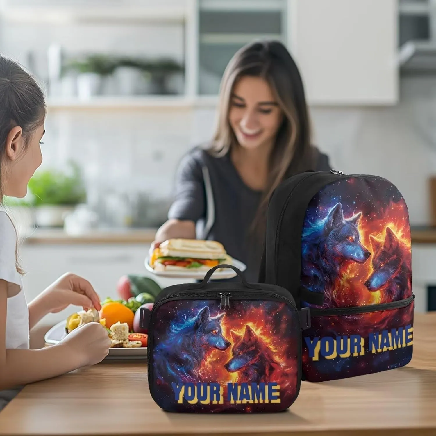 ZOUTAIRONG Kids Backpacks for Boys Personalized Backpack Flaming Wolf Print Book Bags and Removable Lunch Bag for Age 7-10/10-12/12-16