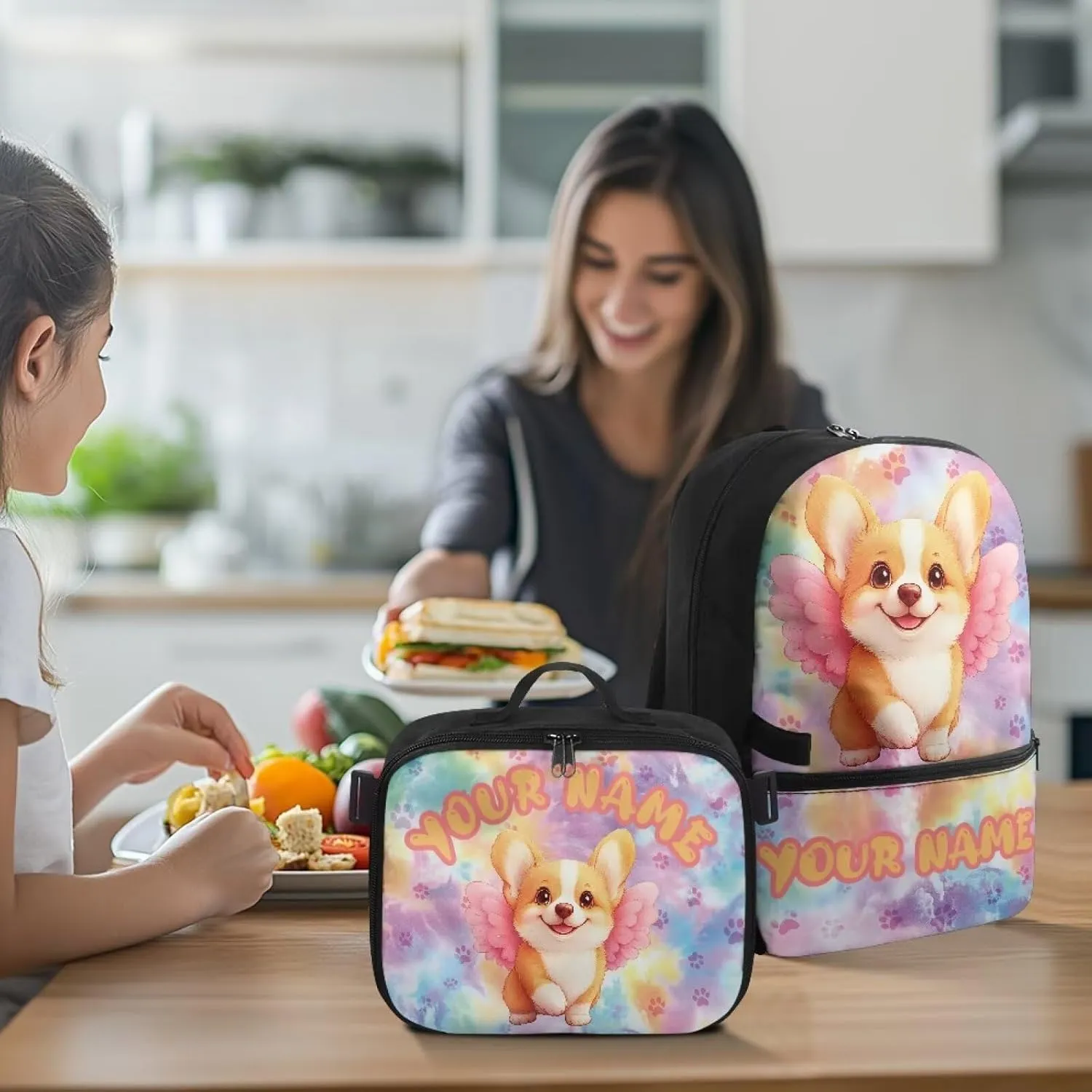 ZOUTAIRONG Kids Backpacks for Girls, Cute Corgi Personalized Large Capacity School Bag and Removable Dining Bag, Cute Casual Bookbag with Side Pockets