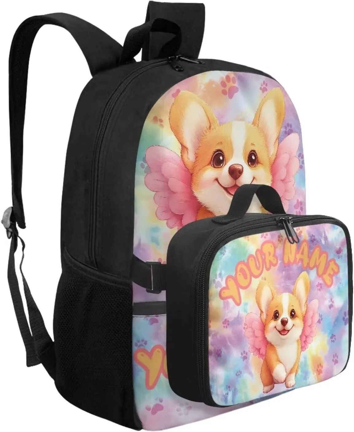 ZOUTAIRONG Kids Backpacks for Girls, Cute Corgi Personalized Large Capacity School Bag and Removable Dining Bag, Cute Casual Bookbag with Side Pockets