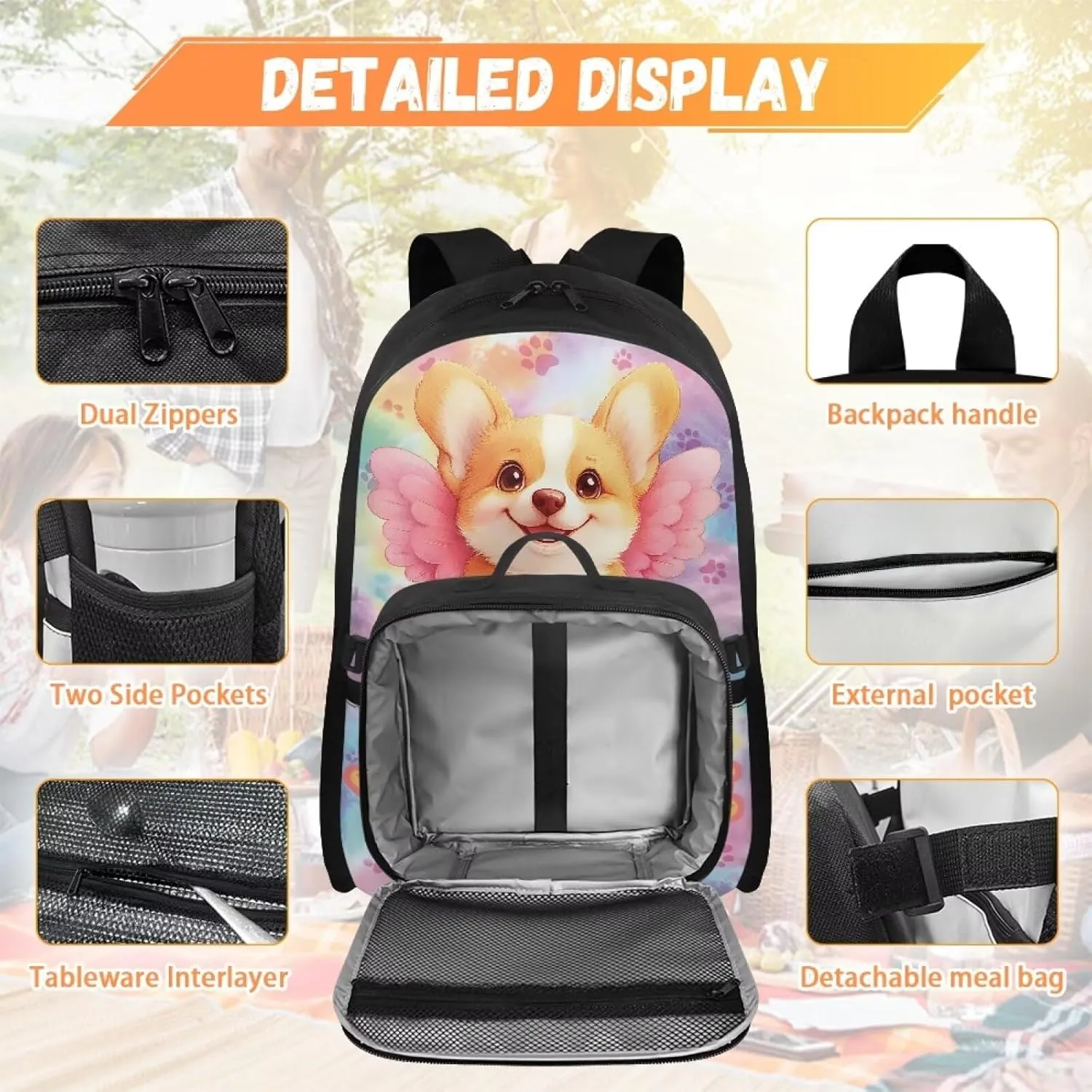 ZOUTAIRONG Kids Backpacks for Girls, Cute Corgi Personalized Large Capacity School Bag and Removable Dining Bag, Cute Casual Bookbag with Side Pockets