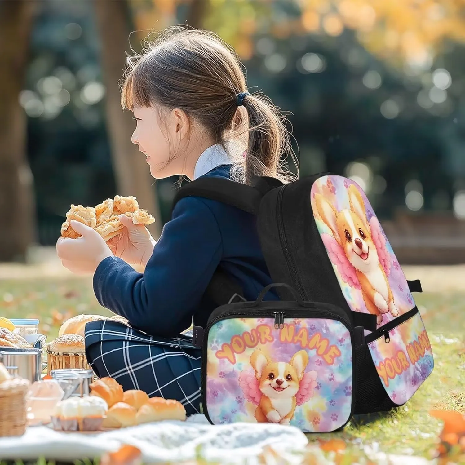 ZOUTAIRONG Kids Backpacks for Girls, Cute Corgi Personalized Large Capacity School Bag and Removable Dining Bag, Cute Casual Bookbag with Side Pockets
