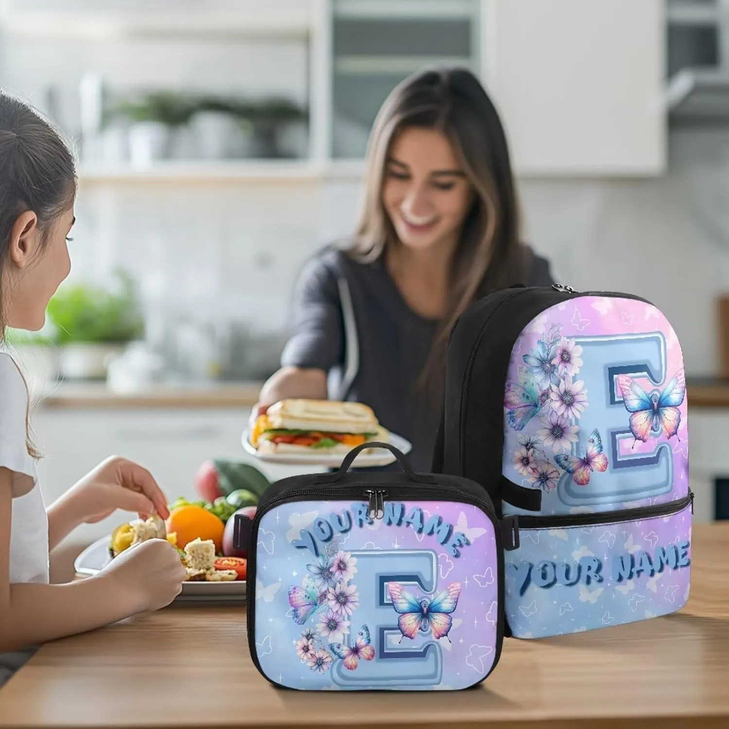 ZOUTAIRONG School Bags for Girls 7-10/10-12/12-16, Letter E Print Kids Backpacks and Removable Lunch Bag Customized Name Backpack with Side Pockets