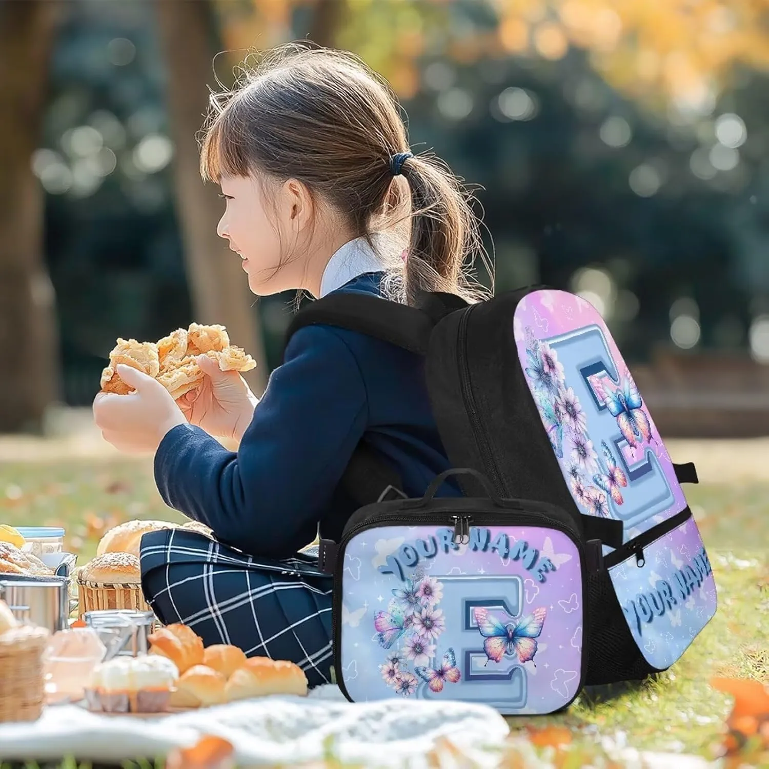 ZOUTAIRONG School Bags for Girls 7-10/10-12/12-16, Letter E Print Kids Backpacks and Removable Lunch Bag Customized Name Backpack with Side Pockets