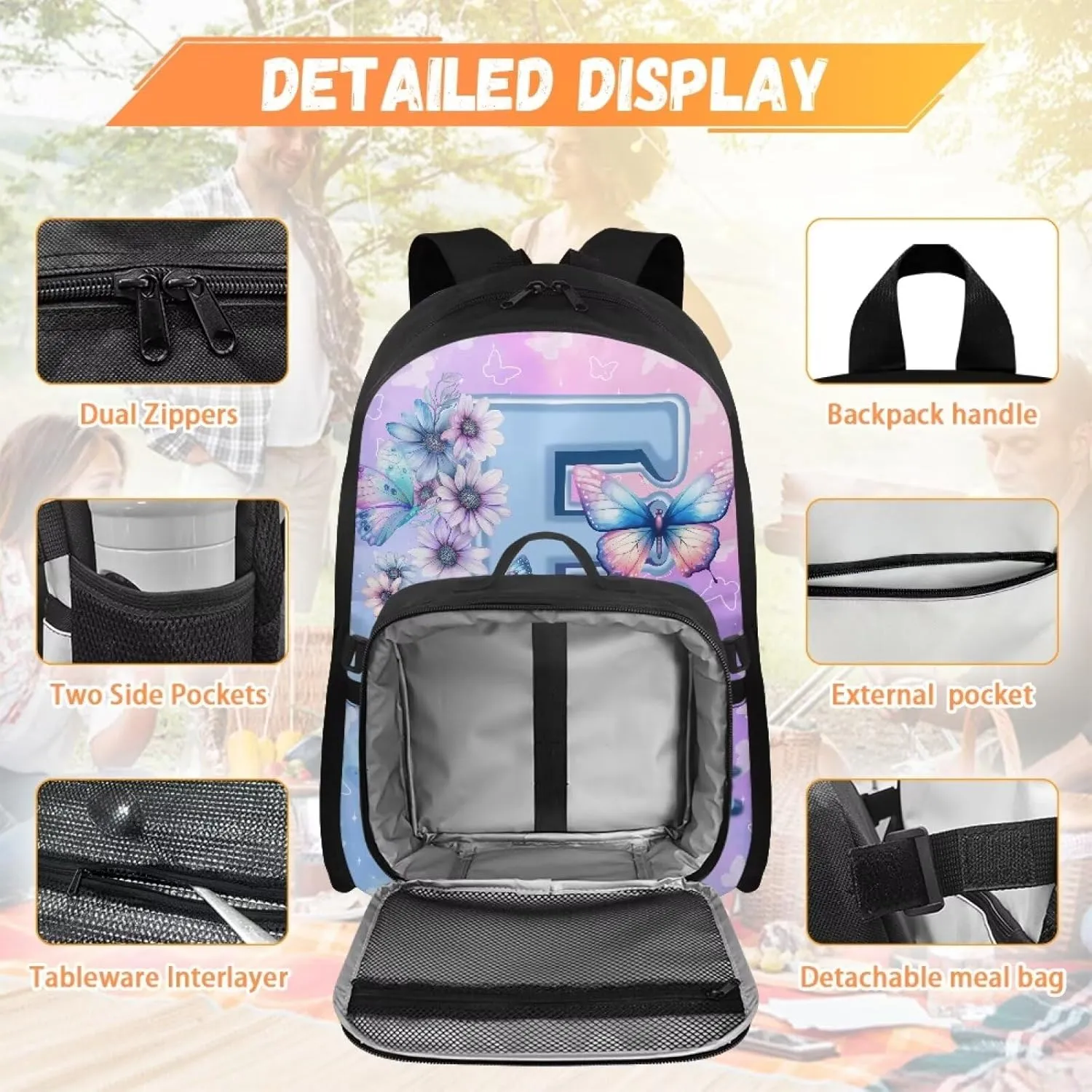 ZOUTAIRONG School Bags for Girls 7-10/10-12/12-16, Letter E Print Kids Backpacks and Removable Lunch Bag Customized Name Backpack with Side Pockets