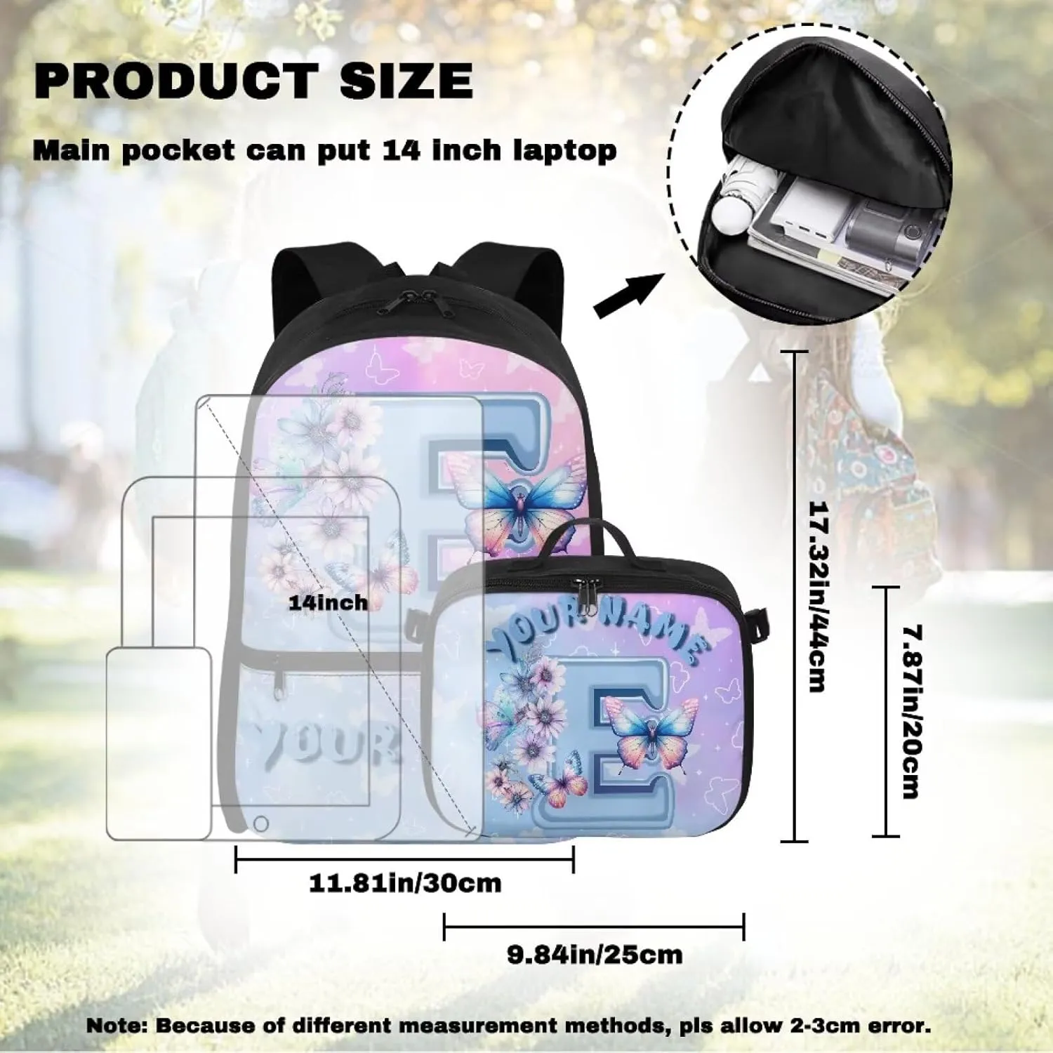 ZOUTAIRONG School Bags for Girls 7-10/10-12/12-16, Letter E Print Kids Backpacks and Removable Lunch Bag Customized Name Backpack with Side Pockets