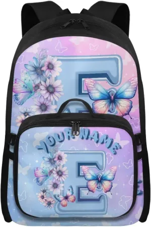 ZOUTAIRONG School Bags for Girls 7-10/10-12/12-16, Letter E Print Kids Backpacks and Removable Lunch Bag Customized Name Backpack with Side Pockets