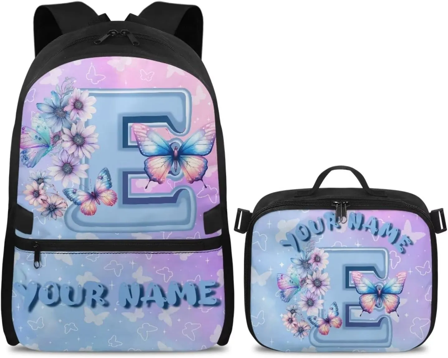 ZOUTAIRONG School Bags for Girls 7-10/10-12/12-16, Letter E Print Kids Backpacks and Removable Lunch Bag Customized Name Backpack with Side Pockets