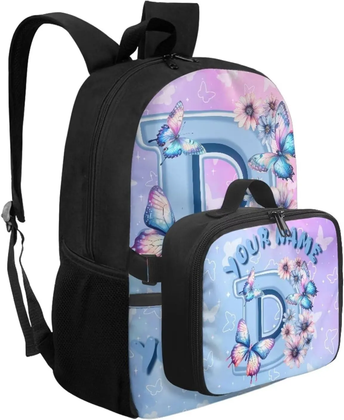 ZOUTAIRONG School Bags for Girls Personalized Backpack and Lunch Bag for Age 7-10/10-12/12-16, Letter D Print Large Capacity Casual Bookbag with Side Pockets