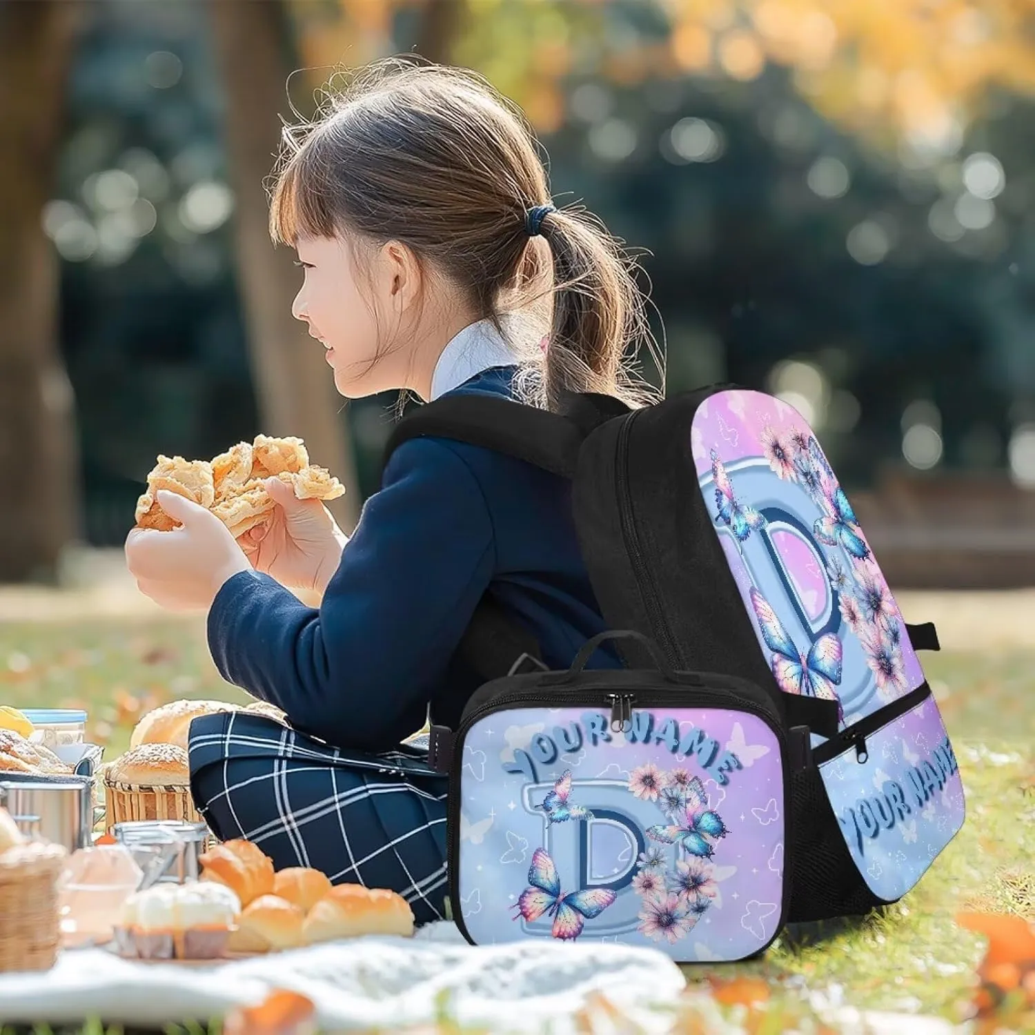 ZOUTAIRONG School Bags for Girls Personalized Backpack and Lunch Bag for Age 7-10/10-12/12-16, Letter D Print Large Capacity Casual Bookbag with Side Pockets
