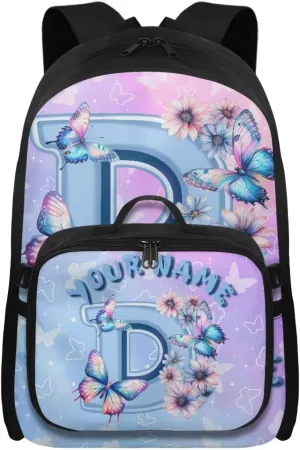 ZOUTAIRONG School Bags for Girls Personalized Backpack and Lunch Bag for Age 7-10/10-12/12-16, Letter D Print Large Capacity Casual Bookbag with Side Pockets