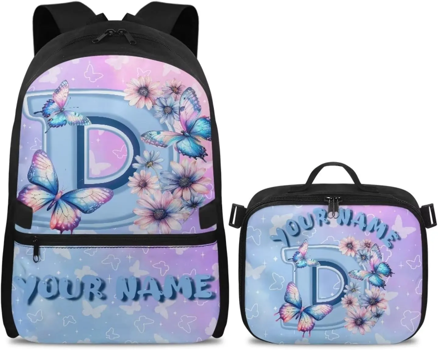 ZOUTAIRONG School Bags for Girls Personalized Backpack and Lunch Bag for Age 7-10/10-12/12-16, Letter D Print Large Capacity Casual Bookbag with Side Pockets