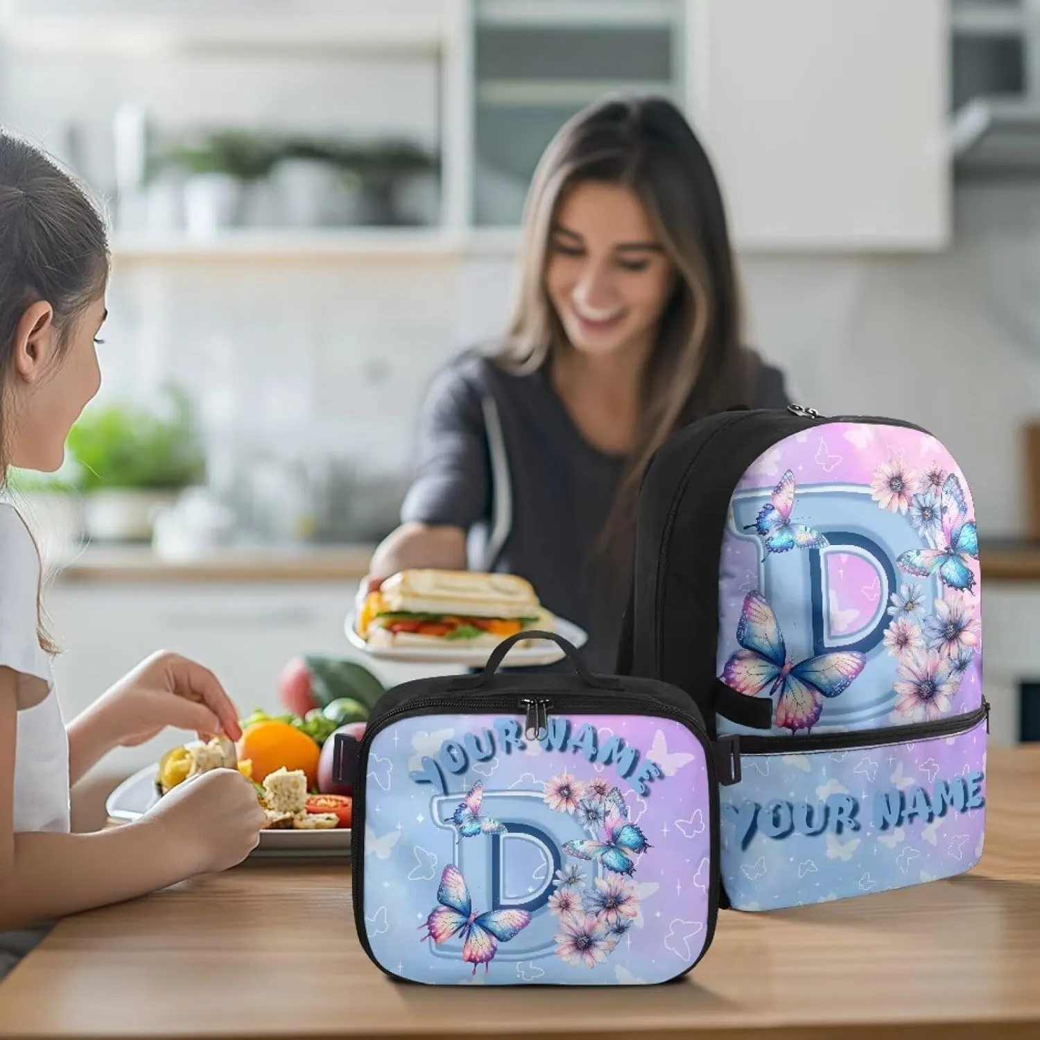 ZOUTAIRONG School Bags for Girls Personalized Backpack and Lunch Bag for Age 7-10/10-12/12-16, Letter D Print Large Capacity Casual Bookbag with Side Pockets