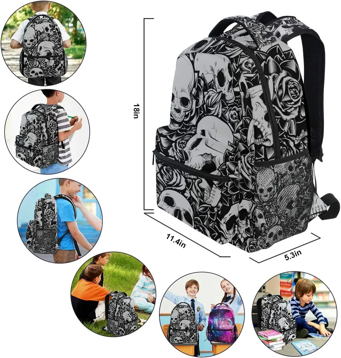 ZZKKO Floral Flower Sugar Skull Black and White Boys Girls School Computer Backpacks Book Bag Travel Hiking Camping Daypack