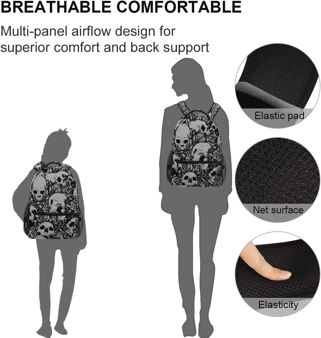 ZZKKO Floral Flower Sugar Skull Black and White Boys Girls School Computer Backpacks Book Bag Travel Hiking Camping Daypack