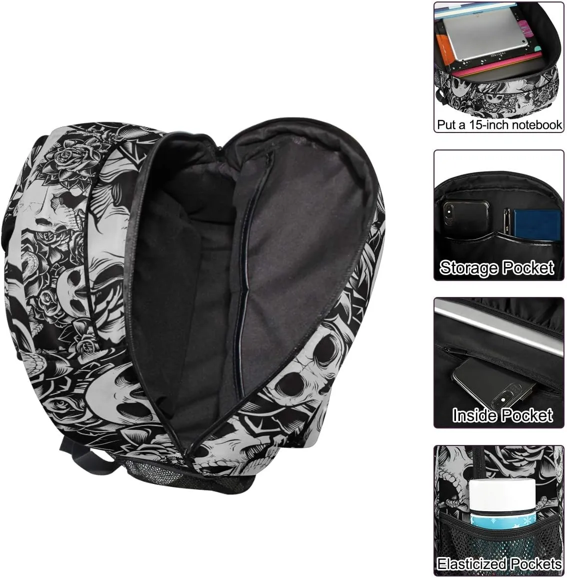 ZZKKO Floral Flower Sugar Skull Black and White Boys Girls School Computer Backpacks Book Bag Travel Hiking Camping Daypack