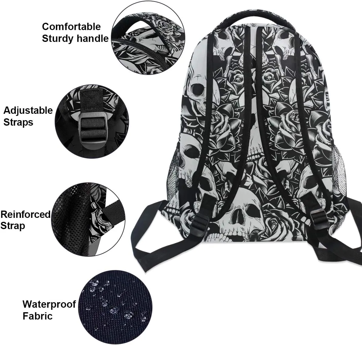 ZZKKO Floral Flower Sugar Skull Black and White Boys Girls School Computer Backpacks Book Bag Travel Hiking Camping Daypack