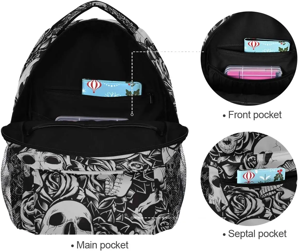 ZZKKO Floral Flower Sugar Skull Black and White Boys Girls School Computer Backpacks Book Bag Travel Hiking Camping Daypack