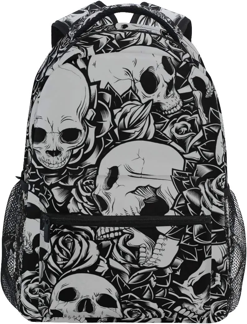 ZZKKO Floral Flower Sugar Skull Black and White Boys Girls School Computer Backpacks Book Bag Travel Hiking Camping Daypack