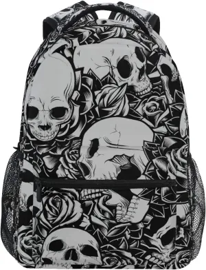 ZZKKO Floral Flower Sugar Skull Black and White Boys Girls School Computer Backpacks Book Bag Travel Hiking Camping Daypack